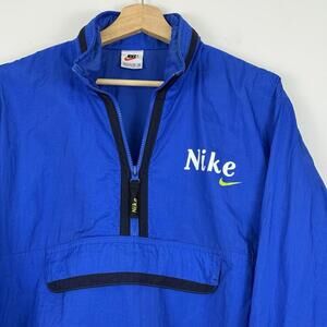 Vintage 90s Nike Pullover Windbreaker Jacket Blue Black Trim Big Pocket XL Y2K